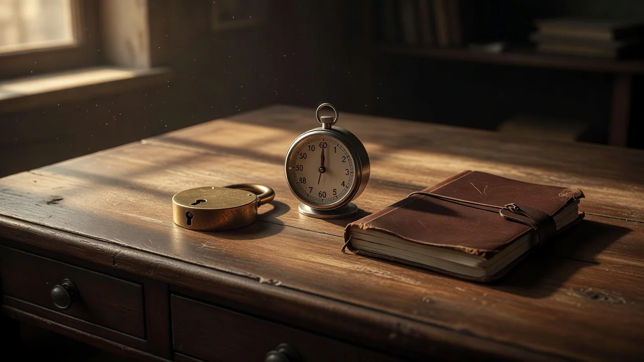 Account settings still-life: lock, timer and a closed notebook