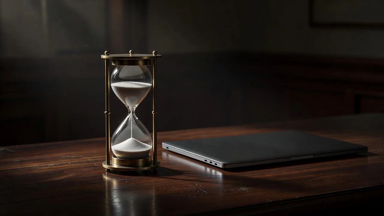 Hourglass and pause symbol next to a closed laptop