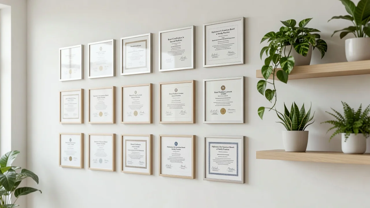 Bright wall of framed certificates in a clinic office