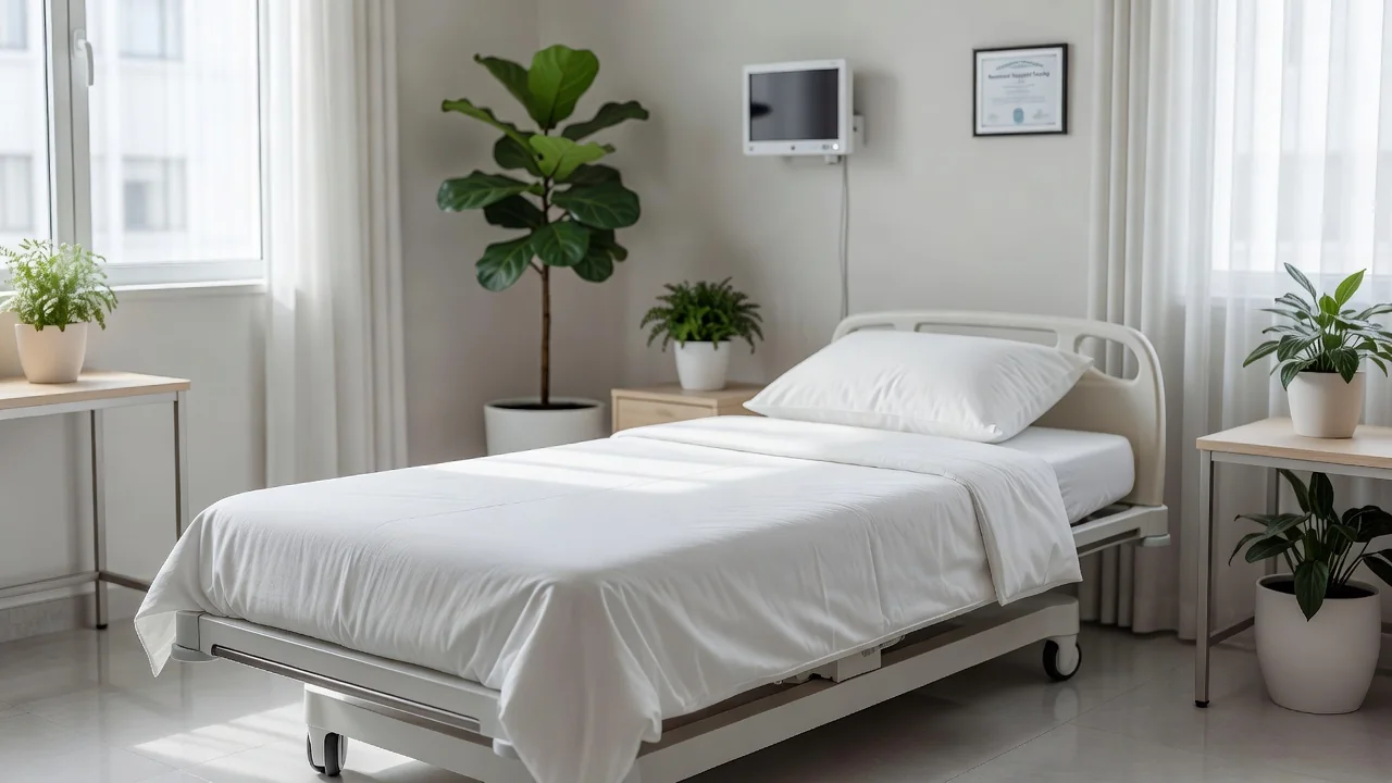 Calm, bright recovery room in an accredited surgical clinic