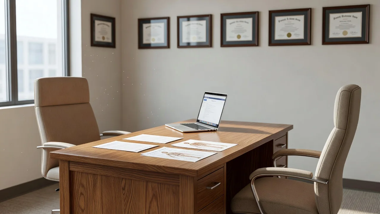 Bright consultation room with a desk and medical documents, no people visible