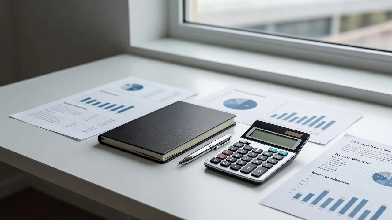Notebook, calculator and documents on a bright desk for surgery planning
