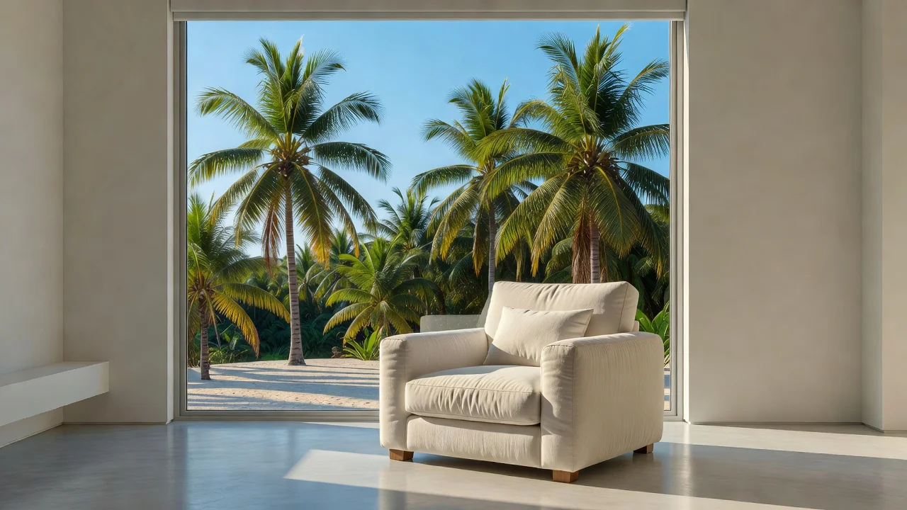 Bright tropical view with palm trees seen from a quiet room